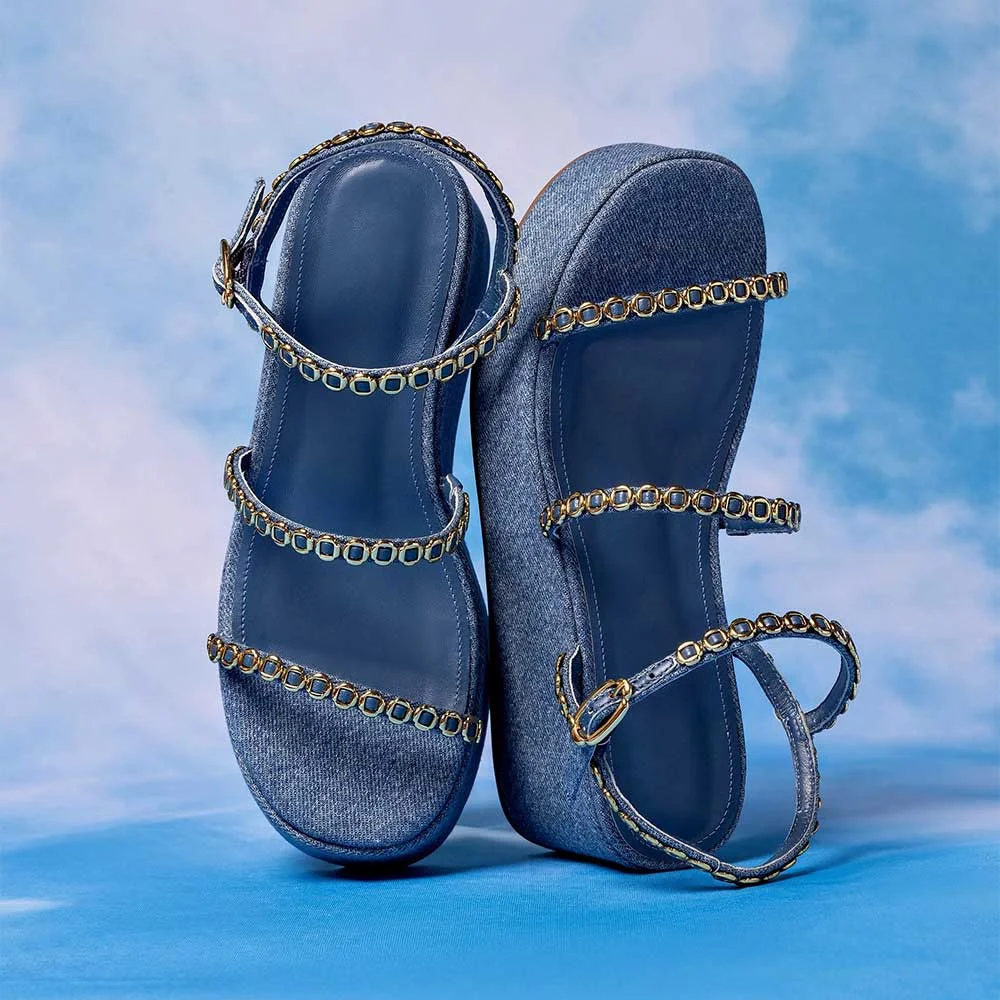 Blue Denim Open Toe Gold Hardware Wedge Sandals with Ankle Strap