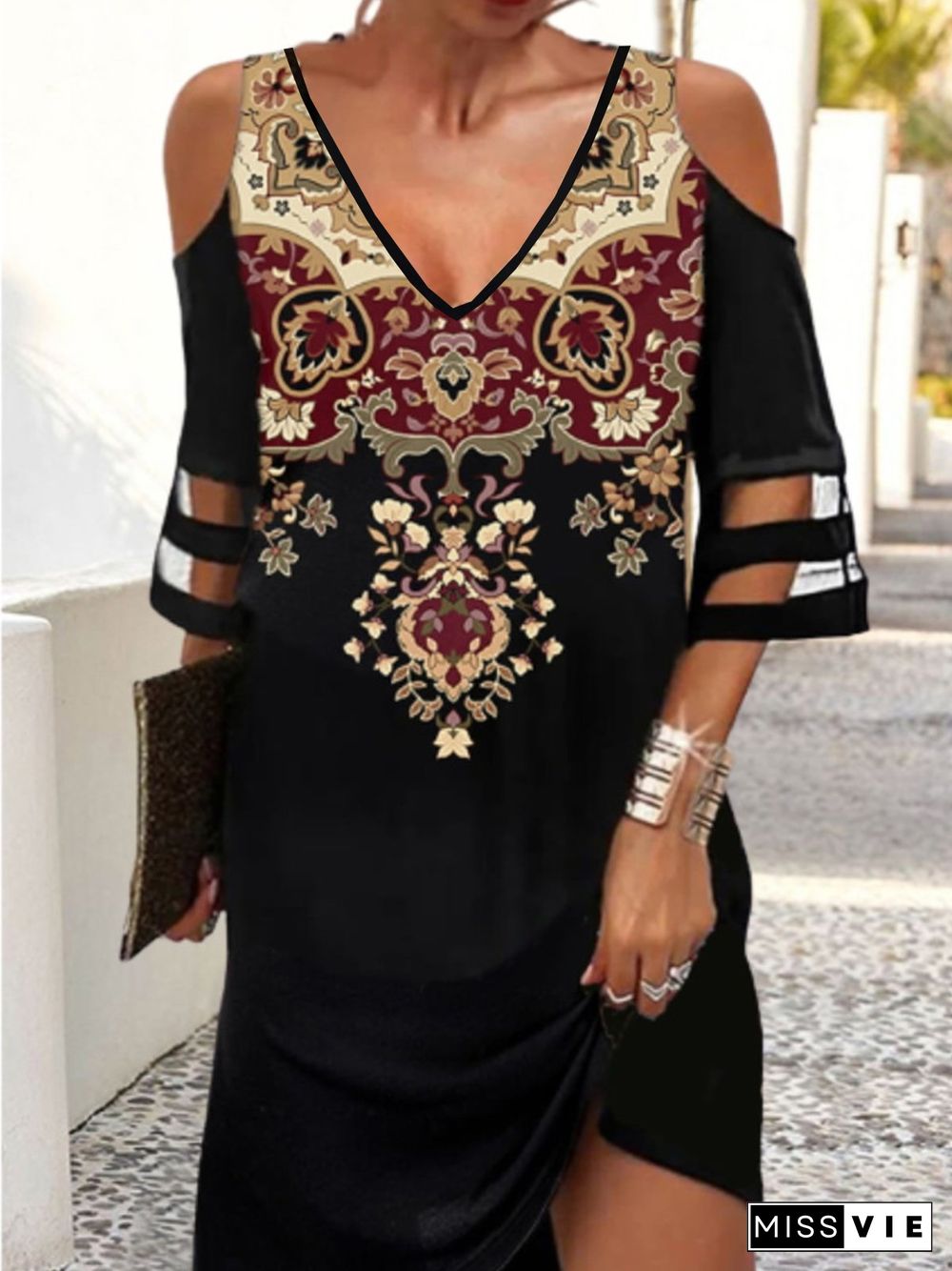 Casual Three Quarter V Neck Printed Dress