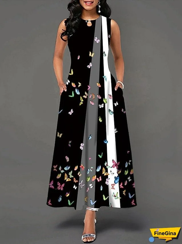 Work Dress Semi Formal Dress Elegant Maxi Dress Pocket Print Crew Neck Sleeveless Floral Regular Fit Black White Orange Summer Spring S M L XL XXL for Women