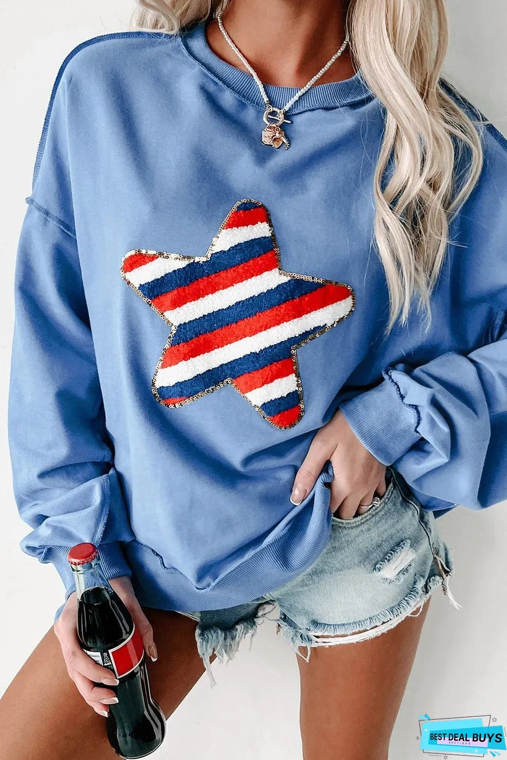 Sky Blue Sequin Trim Embroidered Star USA Pattern Sweatshirt