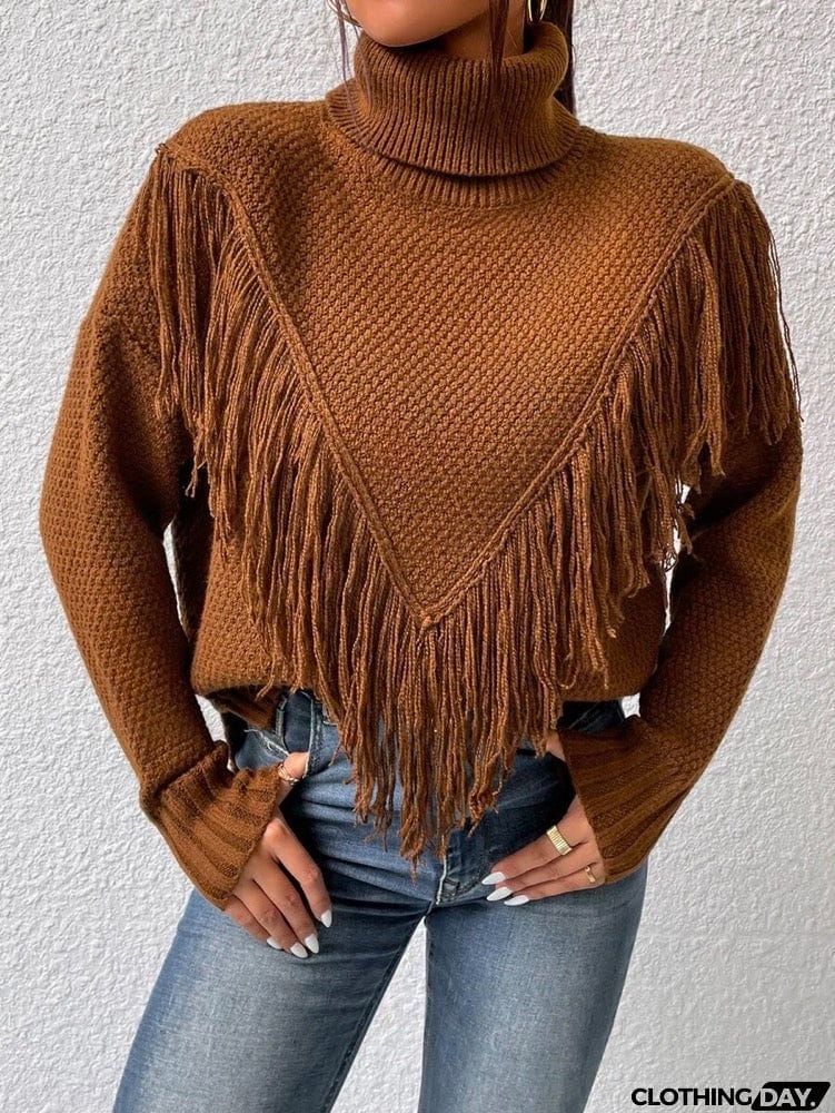 Stylish Long Sleeves Tasseled Split-Joint High-Neck Sweater Tops