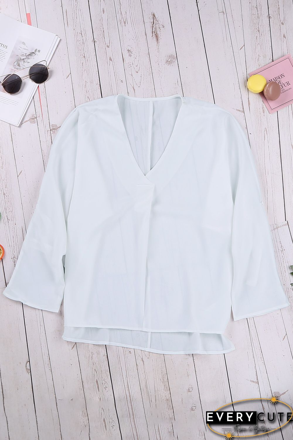 White V Neck 3/4 Sleeve High Low Hem Shirt