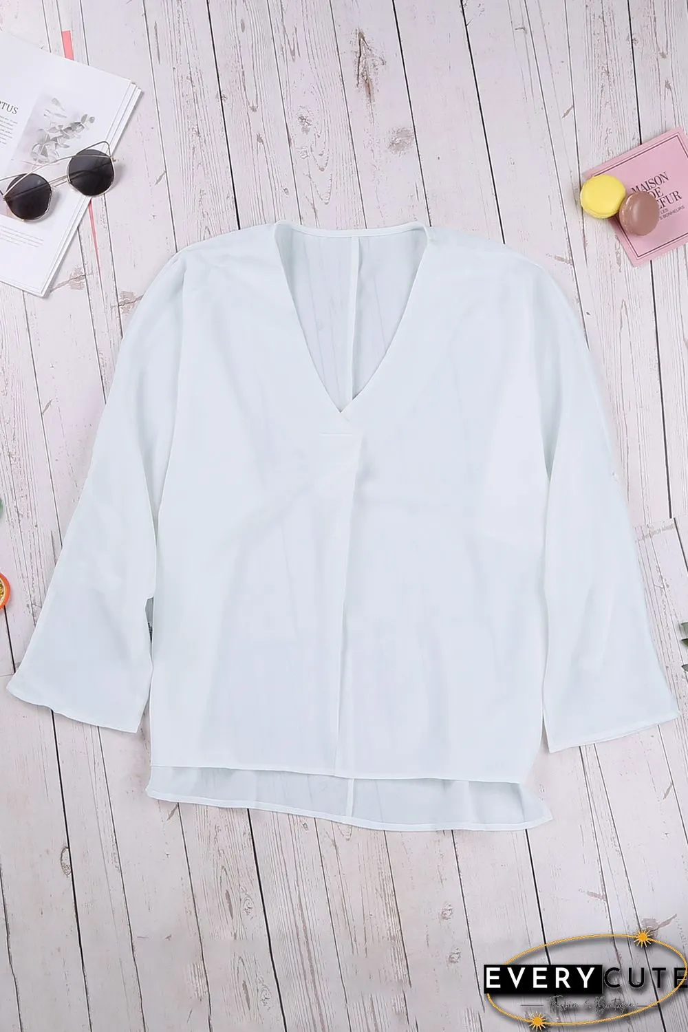 White V Neck 3/4 Sleeve High Low Hem Shirt