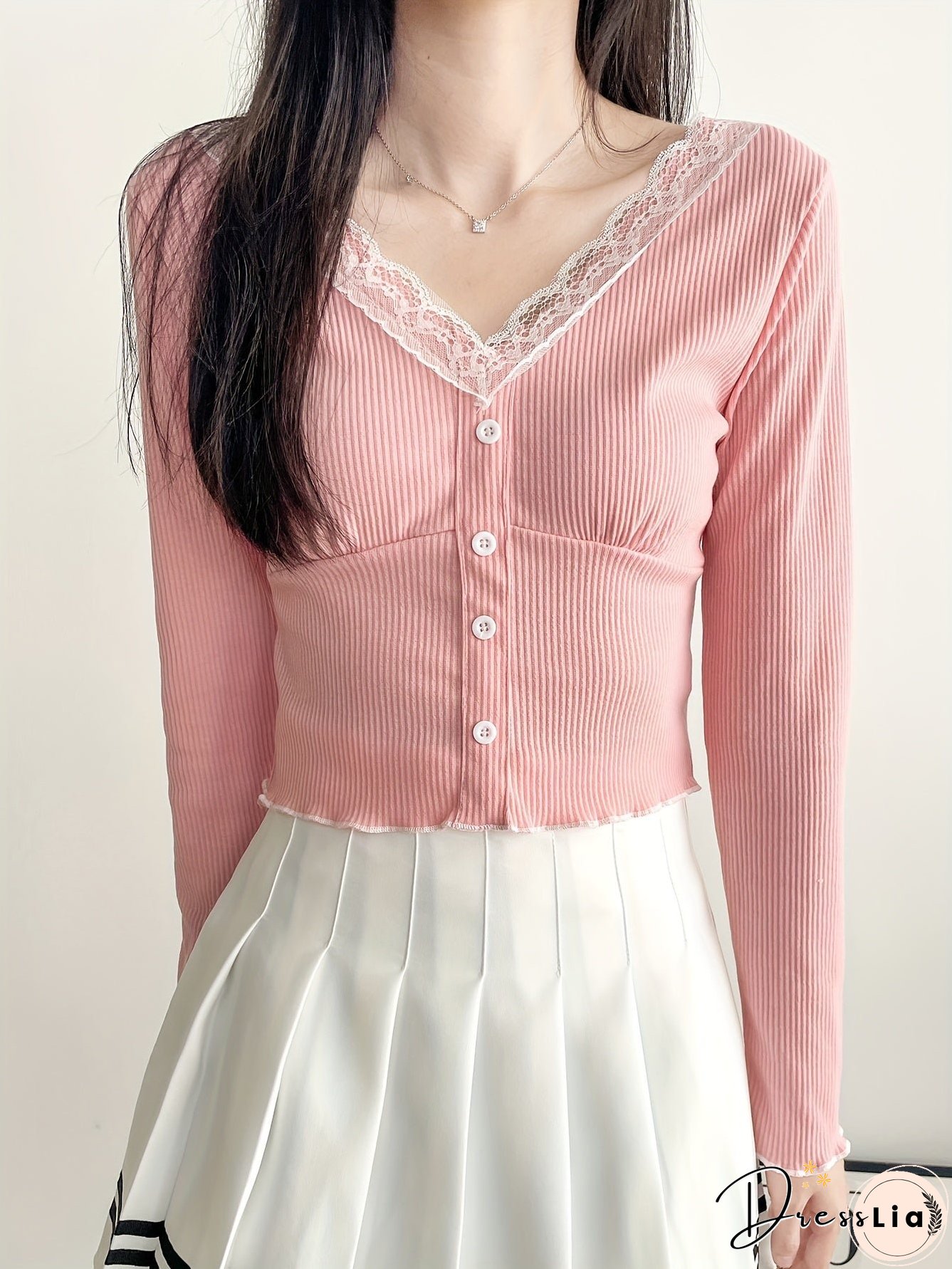 Contrast Lace Trim V-neck Crop Top, Y2K Lettuce Trim Long Sleeve T-shirt, Women's Clothing