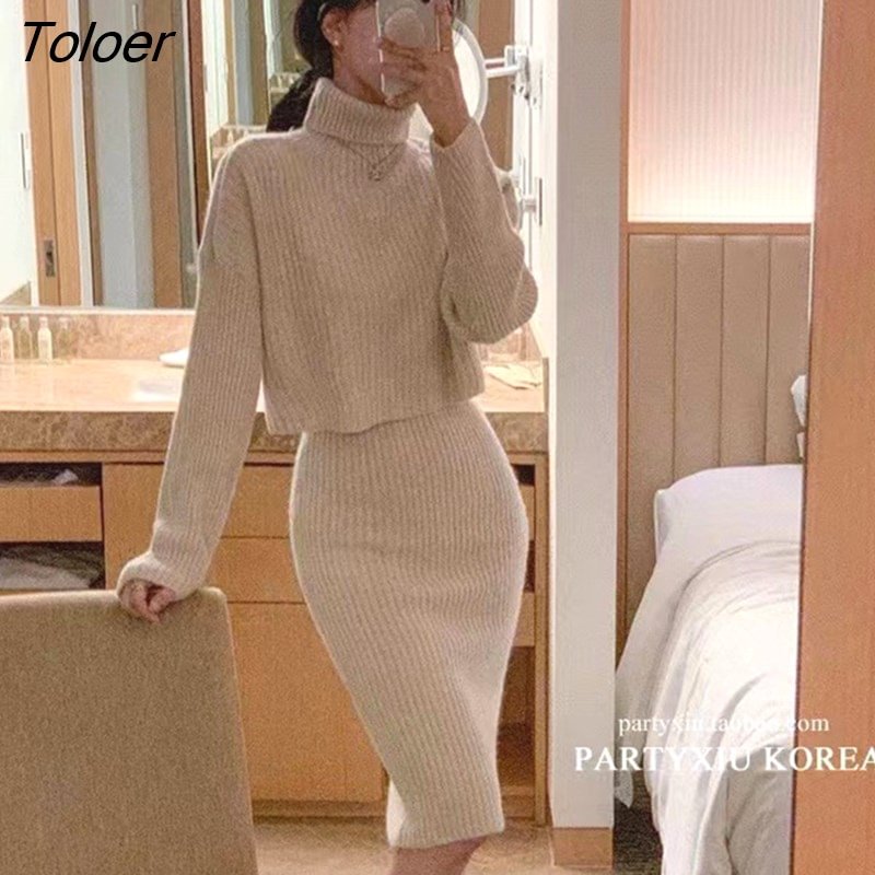 Toloer Autumn Knit Sweater Skirt Sets Women Pink Turtleneck Pullovers And Long Dress Elegant Two Piece Sets Womens Outifits 2022