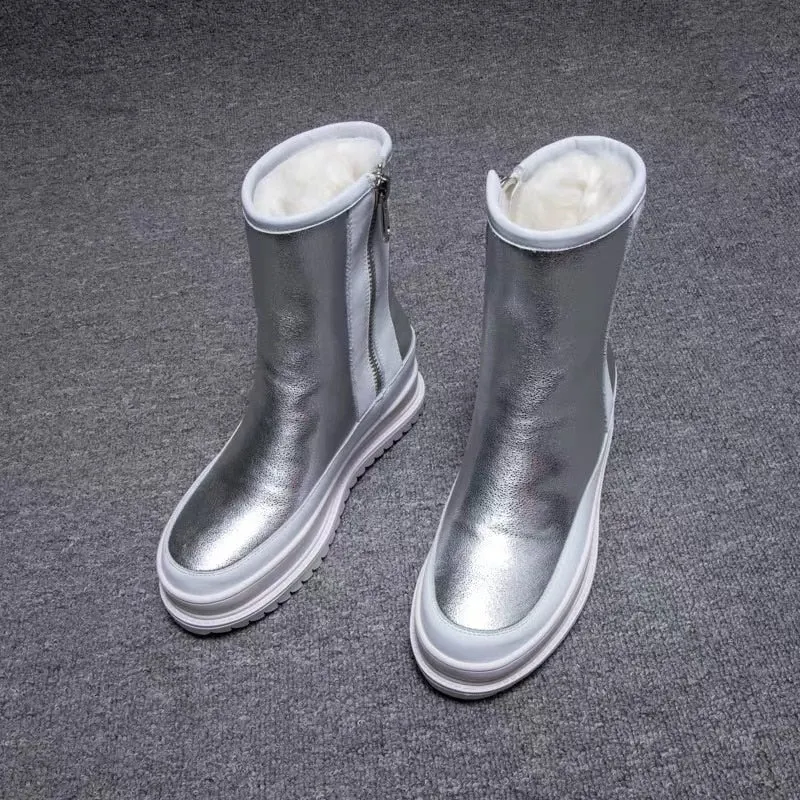 Snow Boots New Women's Winter Shoes Thick Sole Plaforms Ankle Boot Round Toe Thick Plush Warm Cotton Shoe Side Zip Silver Black