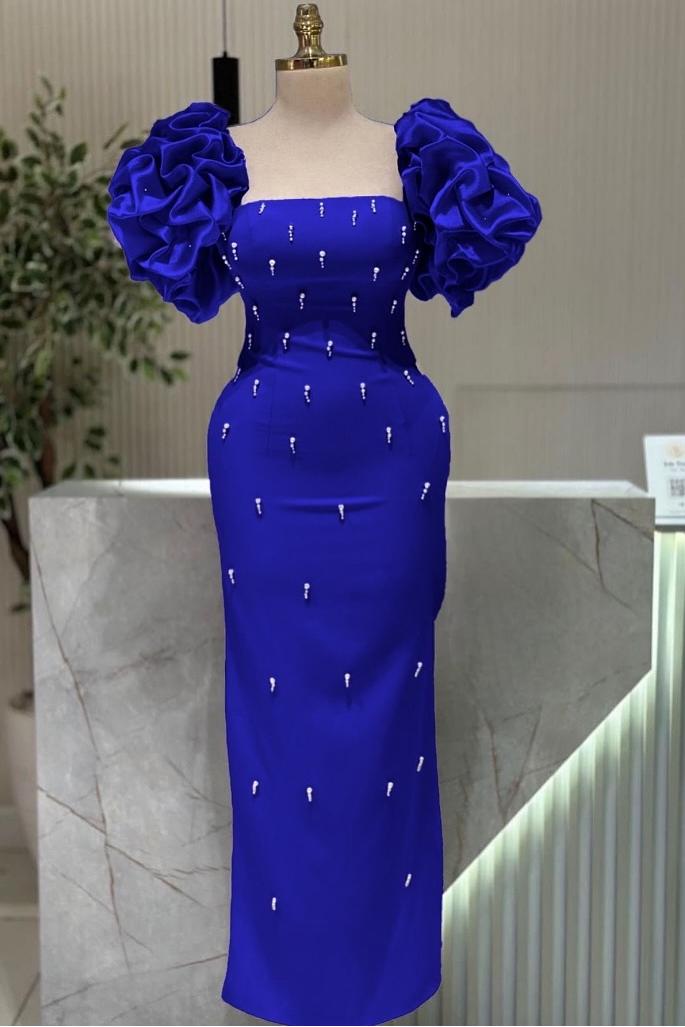 Stunning Satin Royal Blue Square Neck Bubble Sleeves Long Slim Prom Dress with Beadings | MS0605  