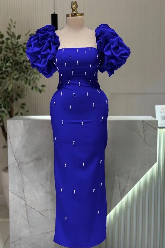 Miabel Stunning Royal Blue Satin Bubble Sleeves Square Neck Long Slim Prom Dress with Beadings  