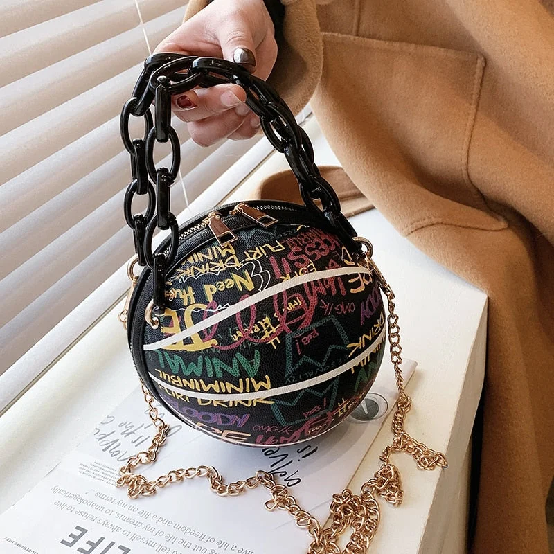 Alphabet Graffiti Round Ball PU Leather Zipper Crossbody Bags for Women 2020 Fashion Chain Shoulder Handbags and Purses Lady