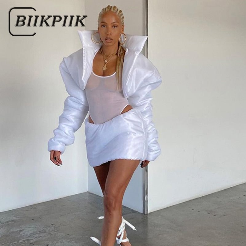 BIIKPIIK Female Streetwear Fashion Clothes Autumn Solid White 2 Piece Women Sets Long Sleeve Mock Neck Jackets+Mini Skirts Set