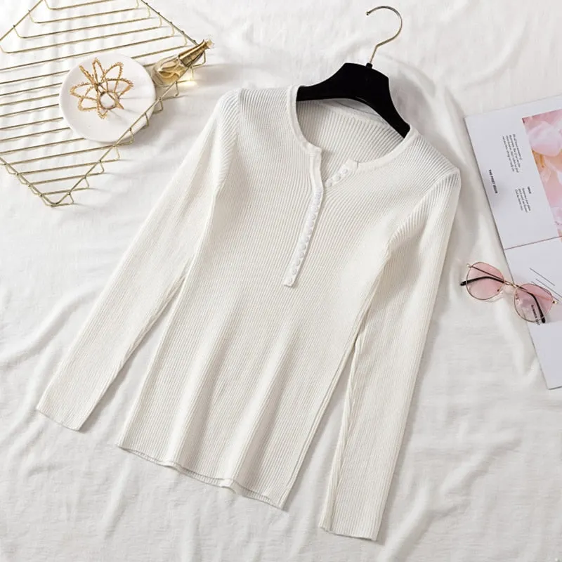 AOSSVIAO 2021 Autumn Winter Button V Neck Sweater Women Basic Slim Pullover Women Sweaters And Pullovers Knit Jumper Ladies Tops