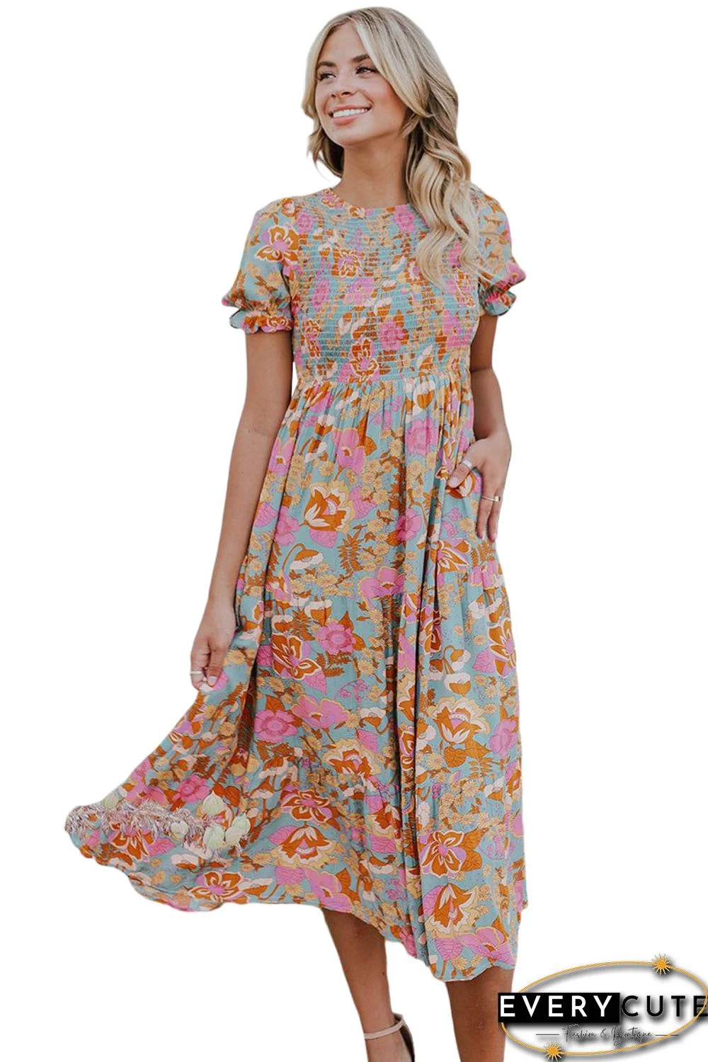 Sky Blue Floral Bubble Sleeve Smocked Flowy Ruffle Dress