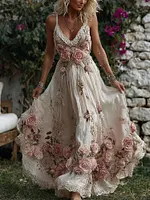 Women's Bohemia Pink Rose Embroidery Art Suspender Maxi Dress