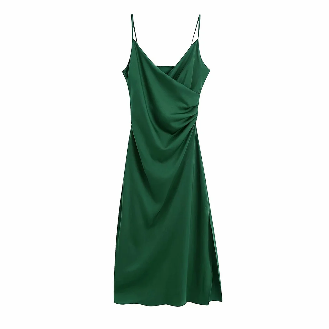 Zevity Women Fashion V Neck Pleats Design Green Soft Satin Sling Dress Chic Female Spaghetti Strap Side Zipper Vestido DS8586