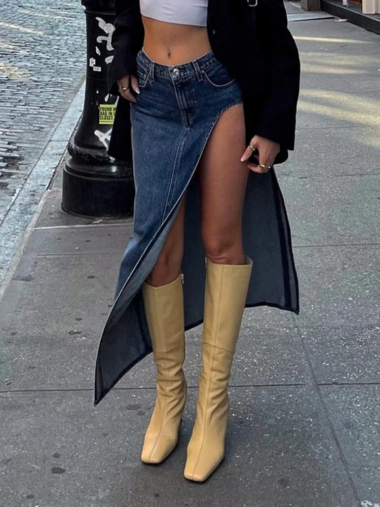 Brownm denim skirt with a high side slit