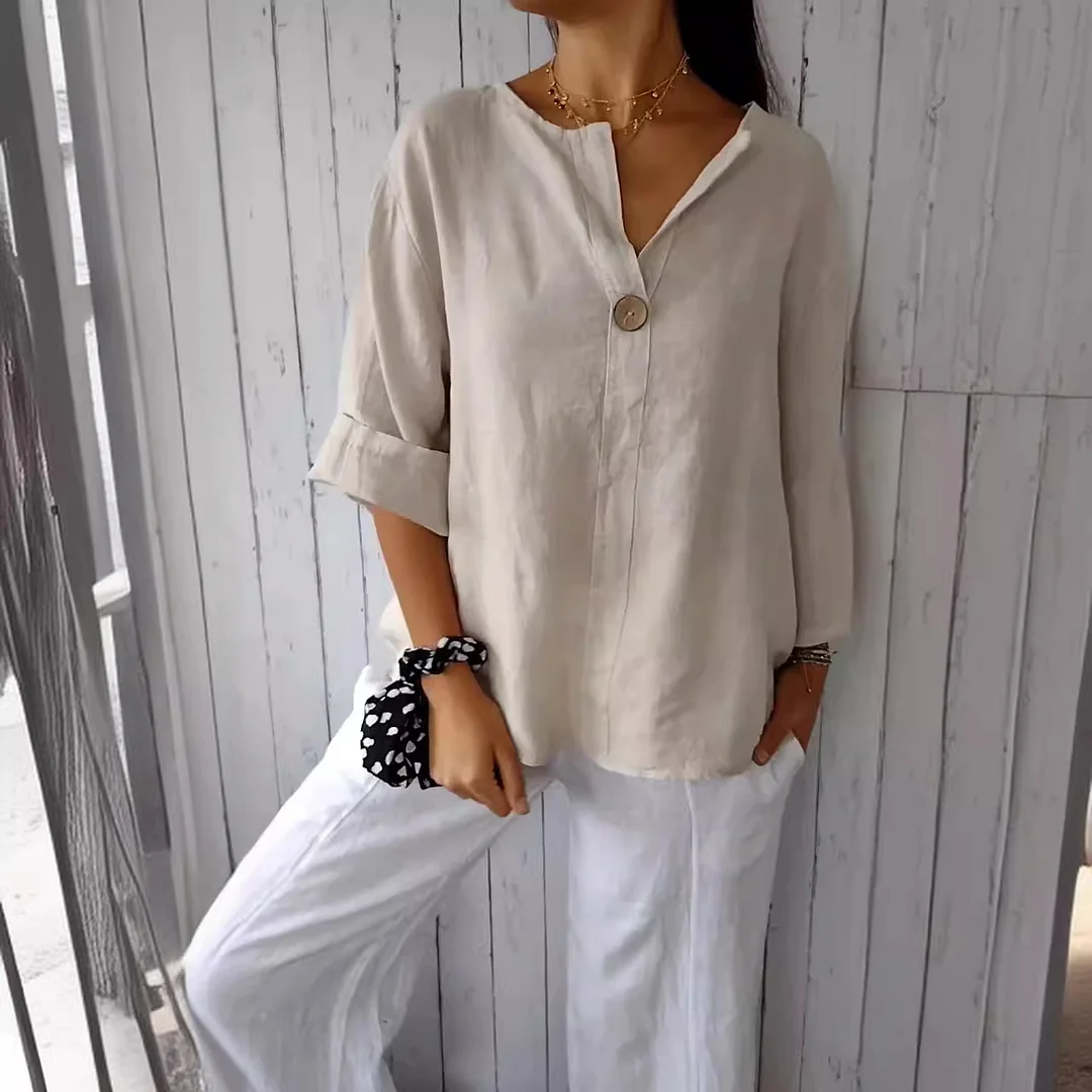 Simple Blue V Neck Button Patchwork Linen T Shirt Summer