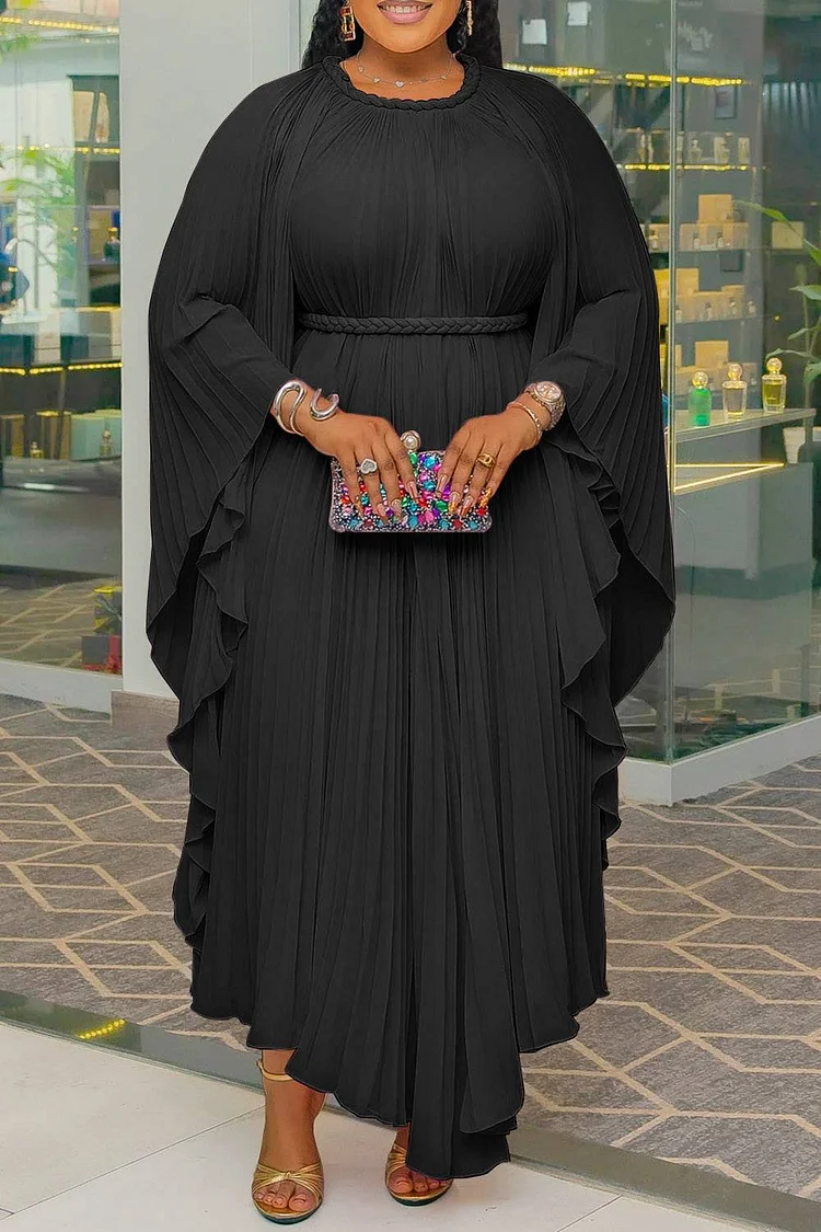 Plus Size Wedding Guest Black Round Neck Batwing Sleeve Long Sleeve Pleated Irregular Hem Chiffon Maxi Dresses [Pre-Order] 2024 - Xpluswear