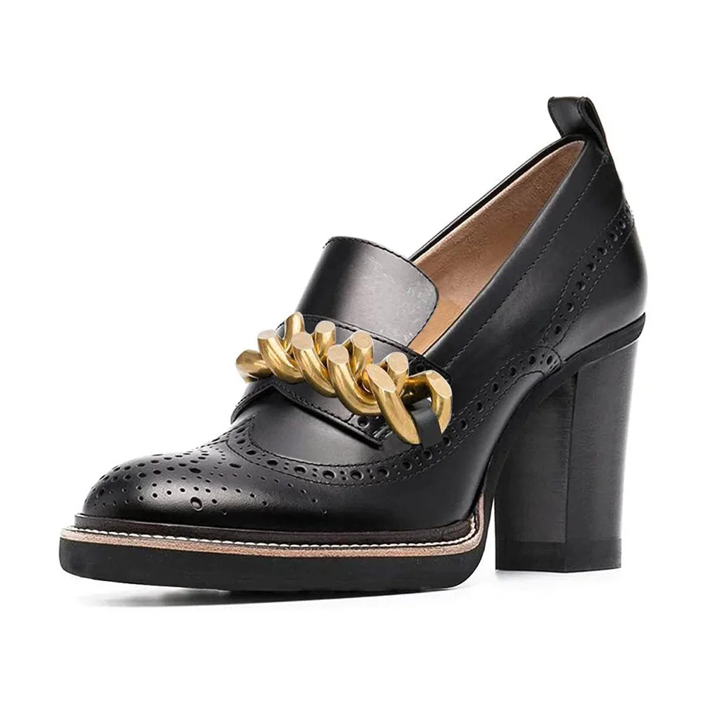Trendy Black Round Toe Chain Decor Loafer Heels with Perforated