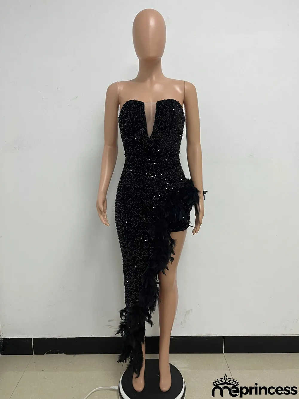 Women Sexy Off Shoulder Backless Sequin Feather Dress