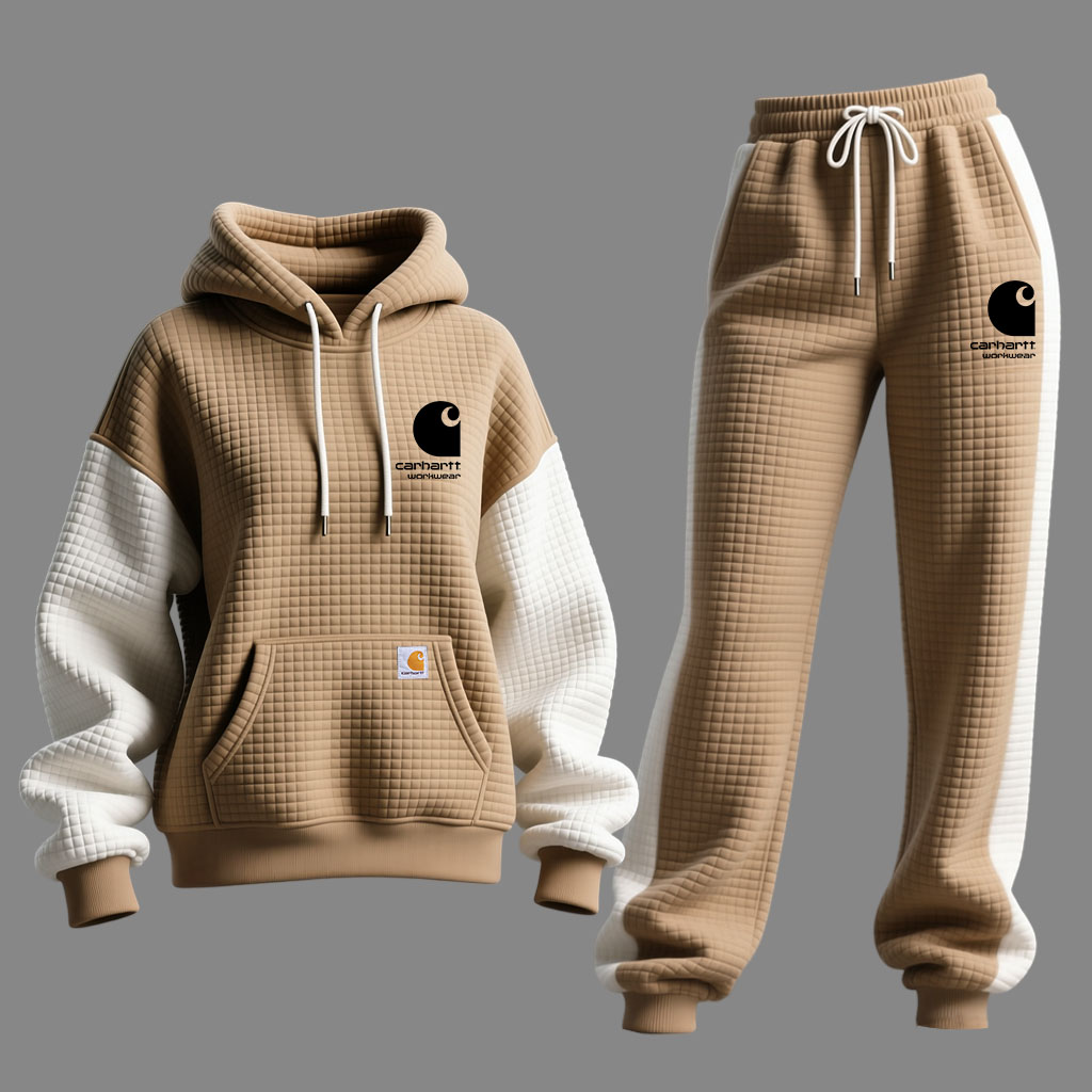 Women's Vintage Khaki White Waffle Knit Quilted Plaid Pocket Hoodie And Sweatpants Jogger Set