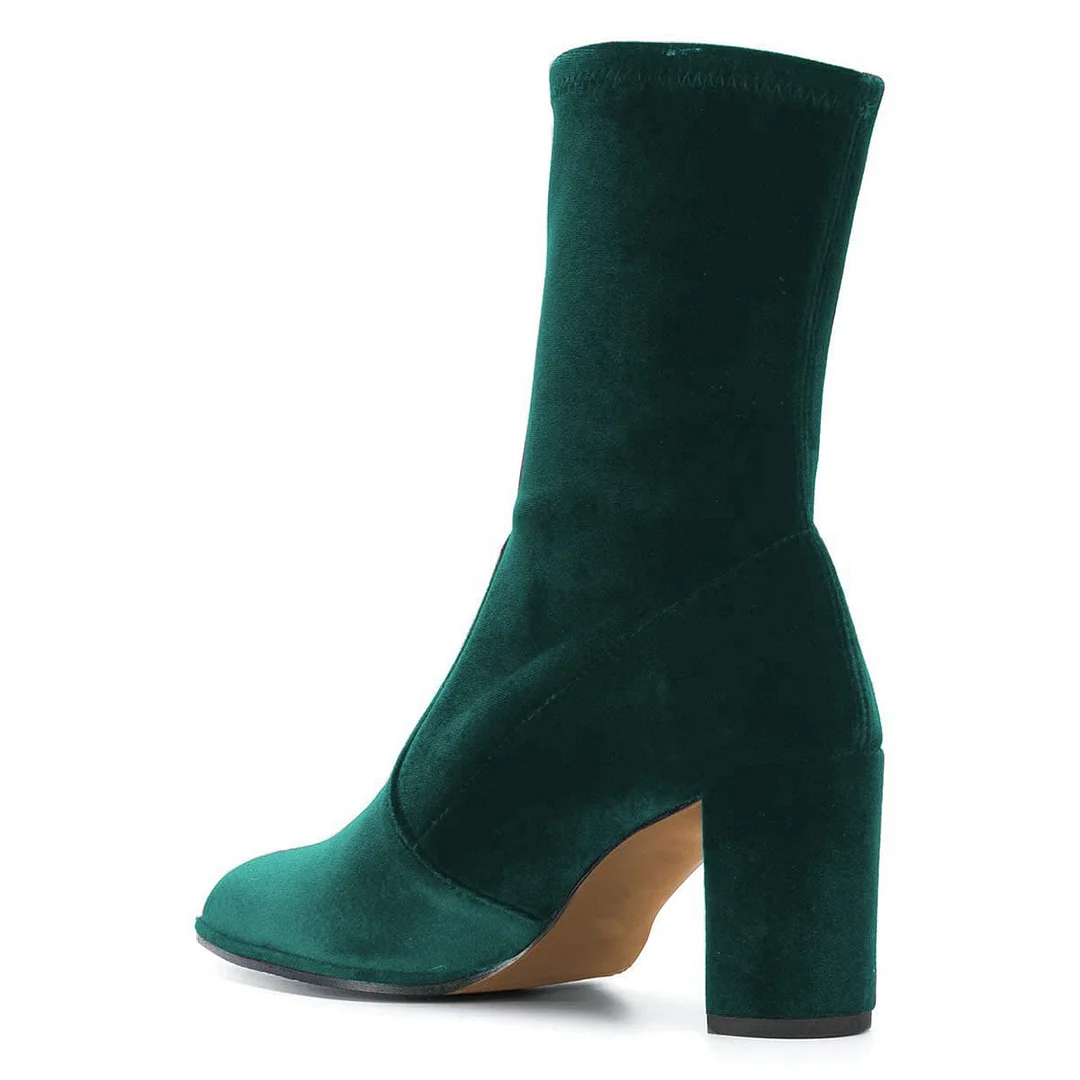 Pointed Toe Pull-On Dark Green Ankle Boots for Elegant Ladies