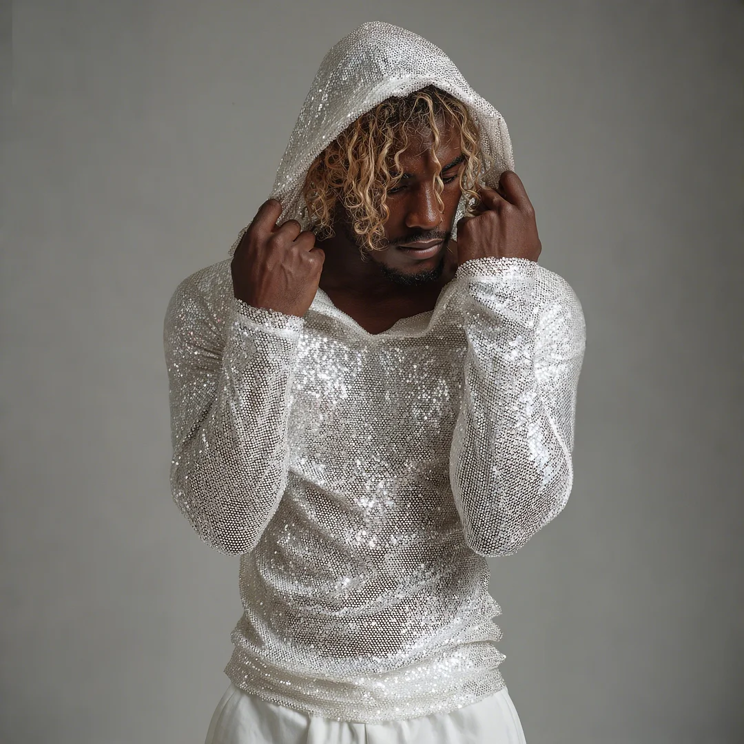Men's Sequined Shimmering Long-sleeved Hooded T-shirt-inspireuse