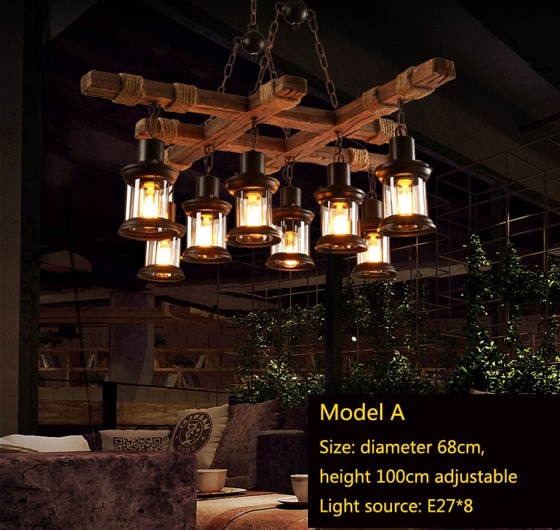 Retro Bar Industrial Wind Chandelier Loft Solid Wood Personality ...