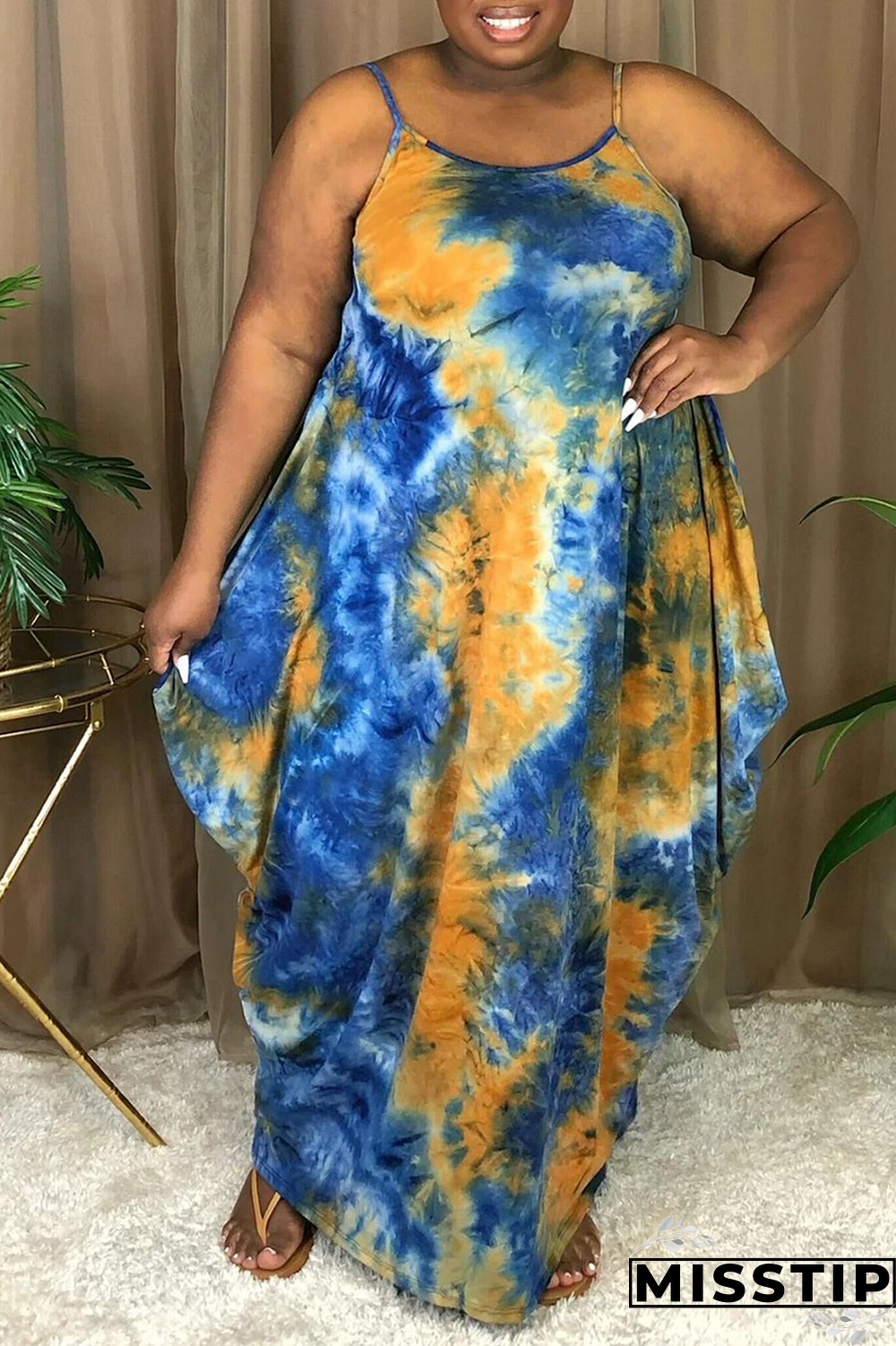 Deep Blue Sexy Print Patchwork Spaghetti Strap Irregular Dress Plus Size Dresses