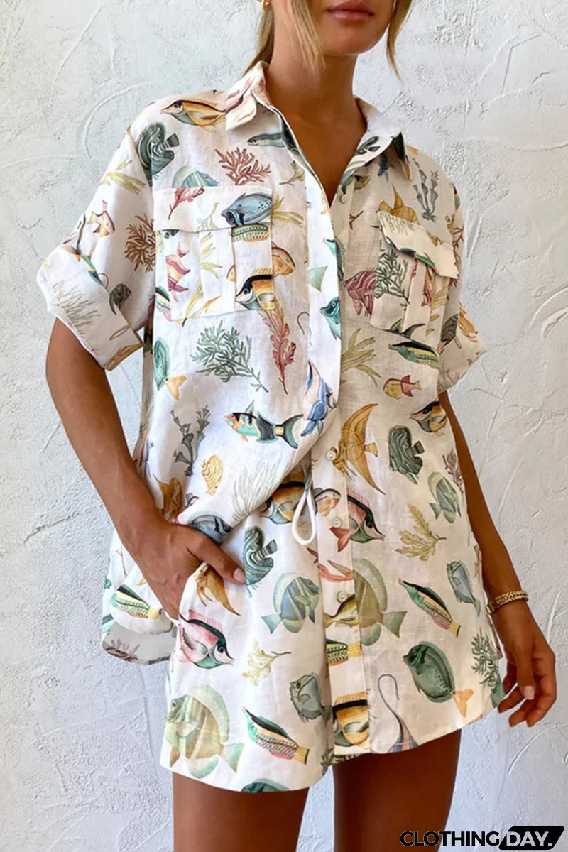 Casual Vacation Print Animal Pocket Turndown Collar Short Sleeve Two Pieces