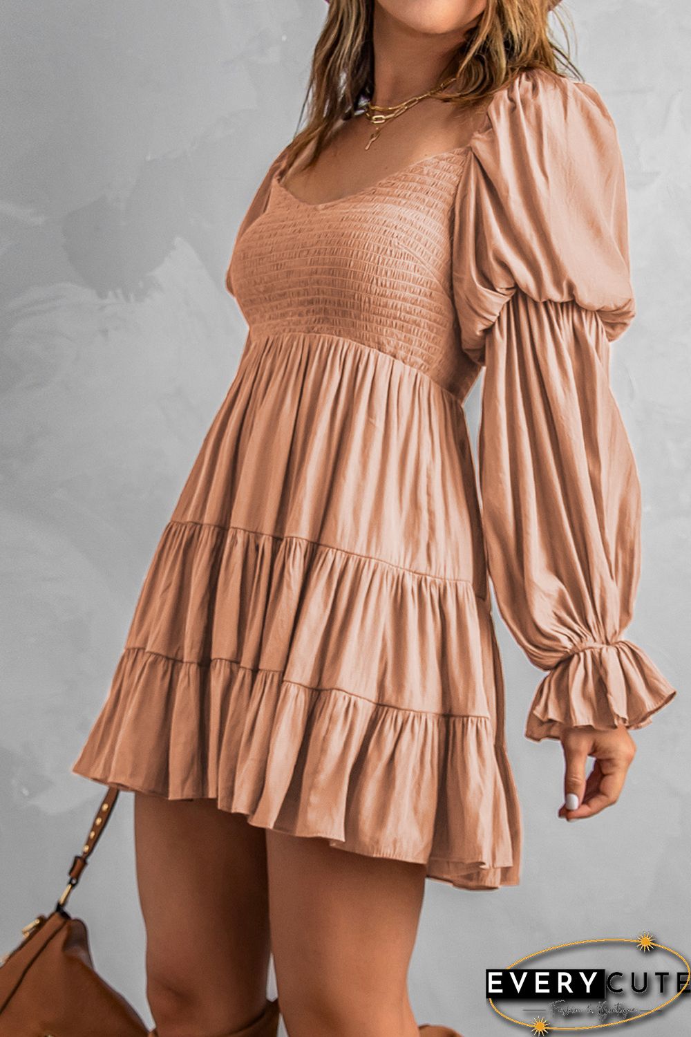 Pink Boho Solid Shirred Ruffle Mini Dress