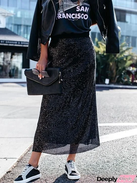 Black sequins plain loose skirt