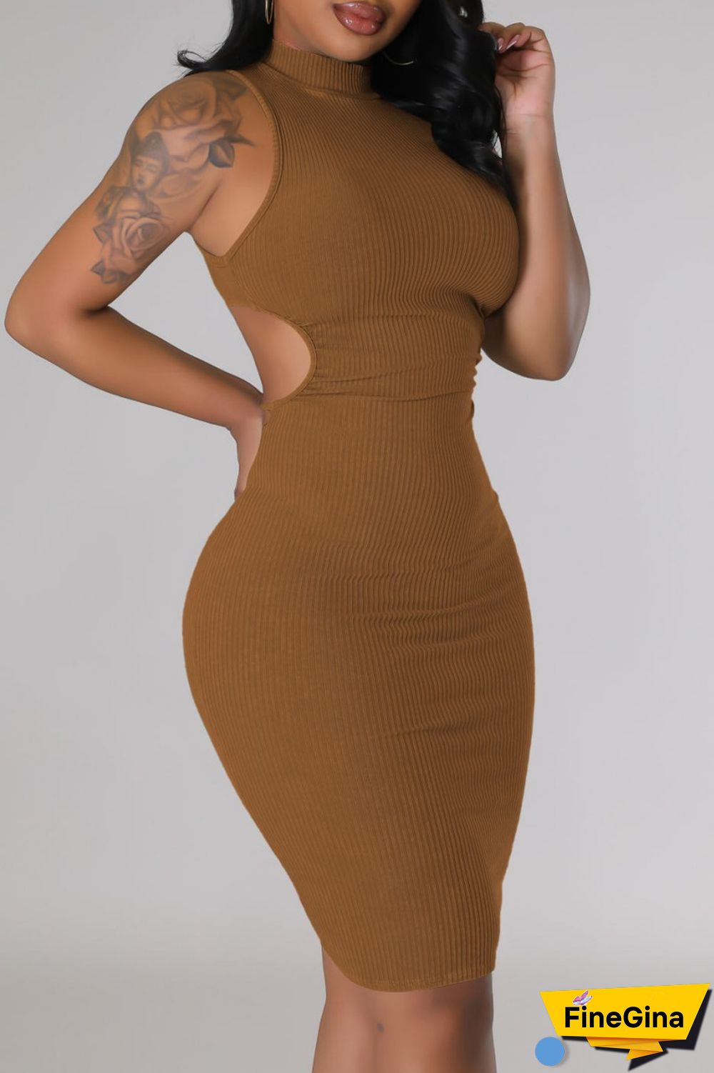 Cream White Casual Solid Hollowed Out Turtleneck Sleeveless Dress Dresses