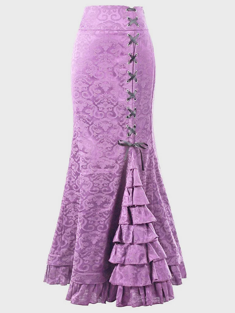 Elegant Side Lace Up Allover Pattern Tiered Mermaid Skirt