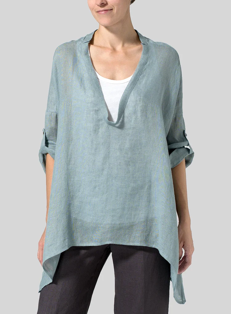 Womens Cotton Linen Loose Deep V Neck Pullover