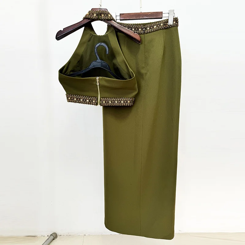 Nigikala Nigikala And Summer 2025 New Heavy Industry Nails Studded Neck Vest Top Open Fork Long Skirt Set Two Sets