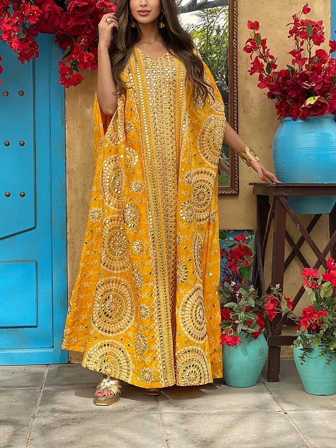 Zachics Yellow ramadan pattern kaftan print loose v neck plus size maxi dress-zachics