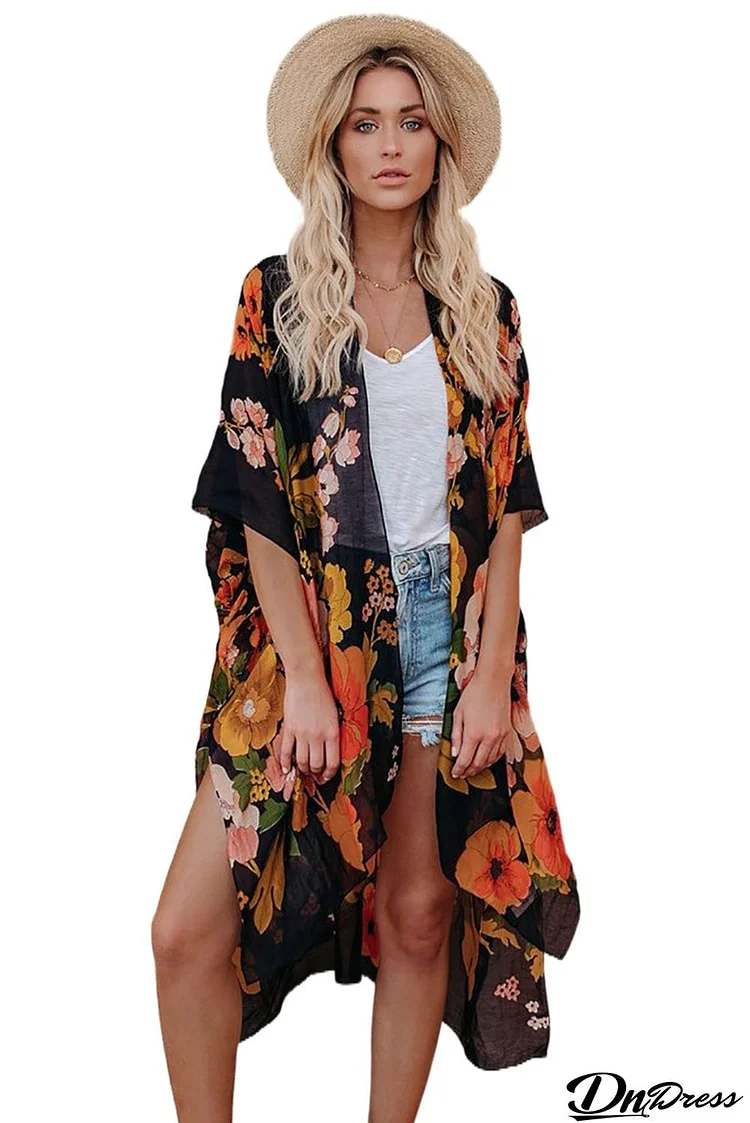 Kimono Sleeve Floral Print Graceful Cover Up