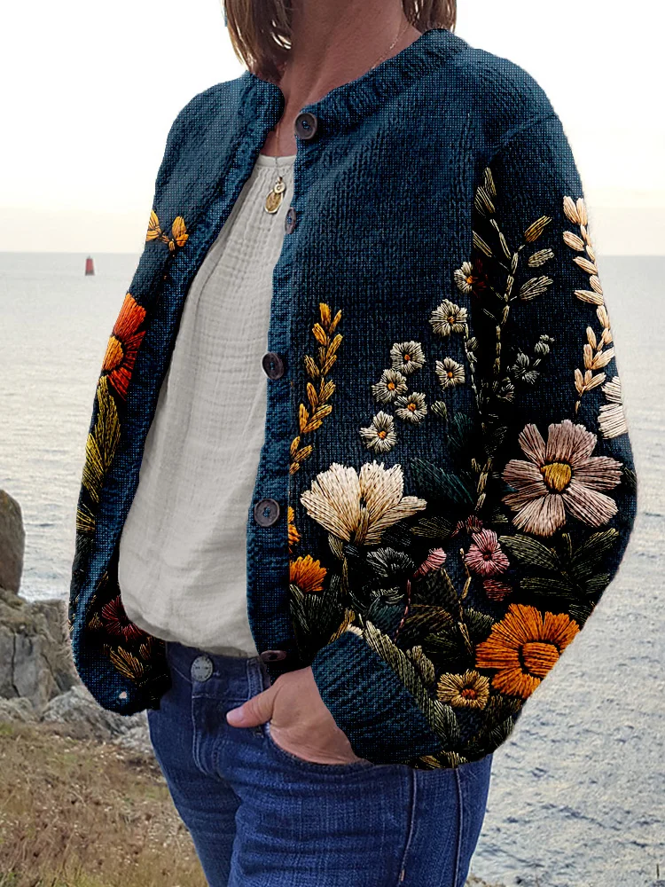 Utbros Vintage Fall Crochet Flower Embroidery Cozy Knit Cardigan