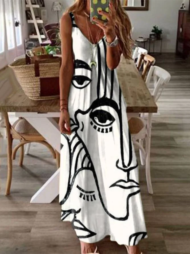 Women's Casual V neck Abstract Long Dresses