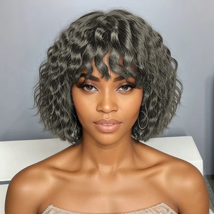 LinktoHair Salt and Pepper Wolf Cut Short Wavy Bob Glueless Wig With Bang