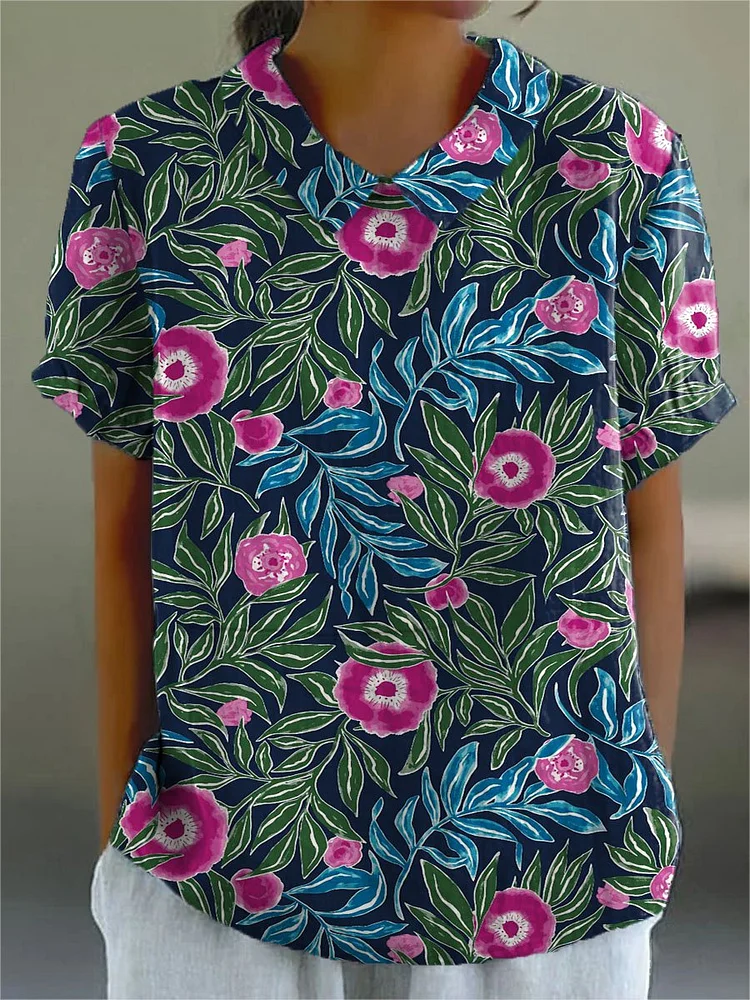 Women's Vintage Floral Art Print Casual Cotton And Linen Shirt