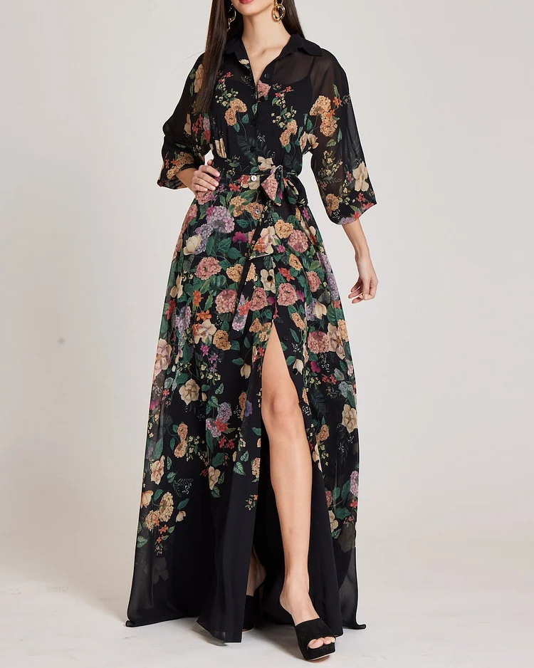 Women's Lapel Chiffon Flower Print Slit Dress