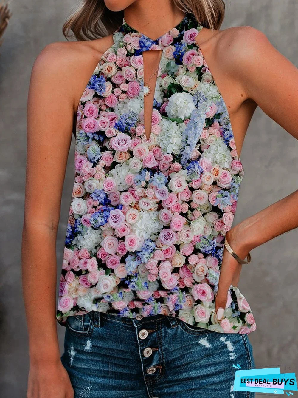 Floral Casual Floral-Print Sleeveless Tops