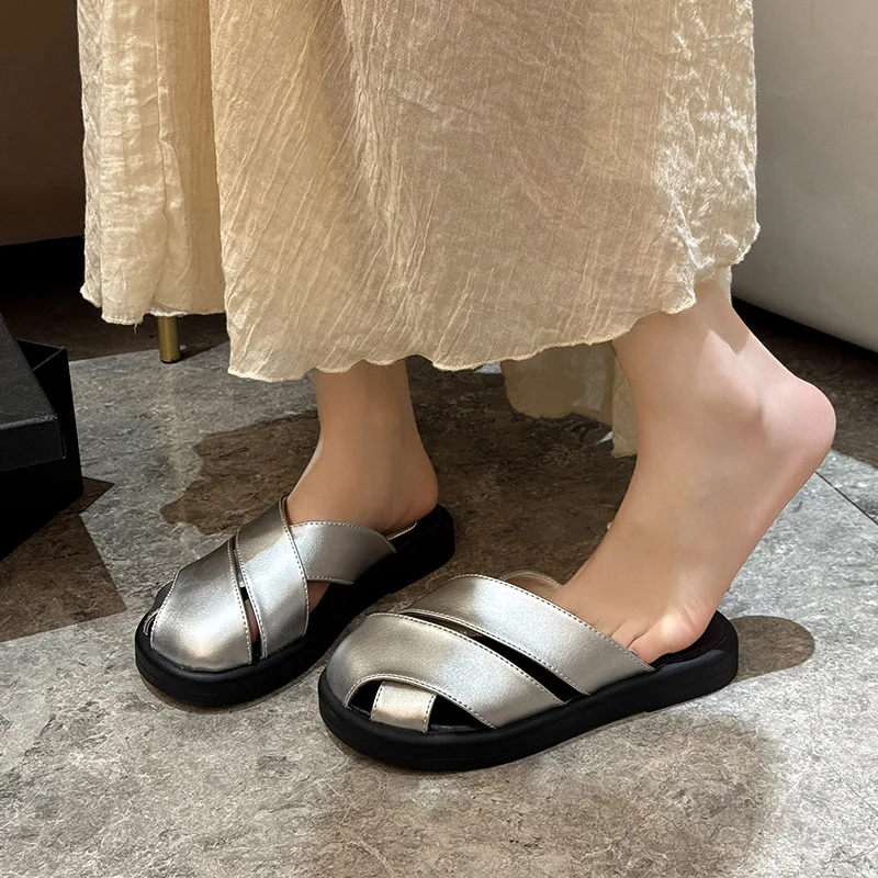 Yyvonne Bag Head Half Slippers Women Wear 2025 New Flat Bottom One Foot Lazy Pregnant Women High-Level Cold Slippers