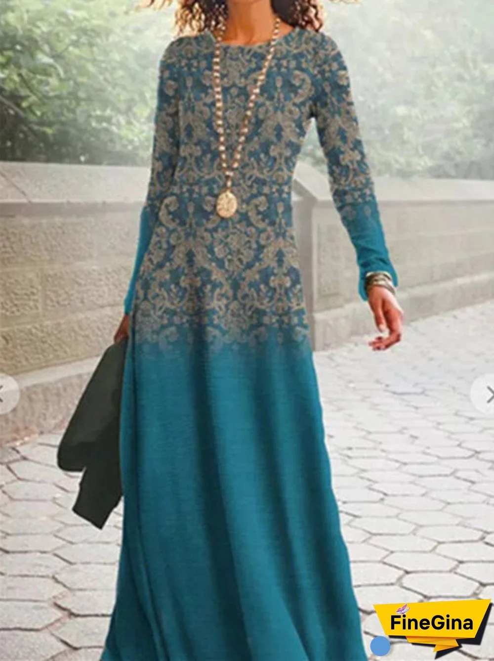 Women's Graphic Ethnic Print Scoop Neck Long Sleeve Midi Dress