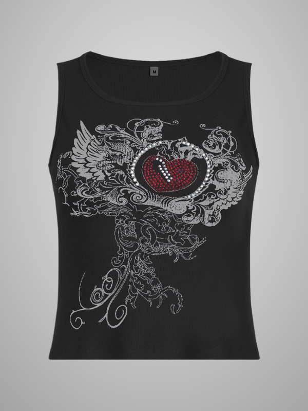 Gothic Dark Vintage Glitter Graphic Printed Ribbing Slim Spaghetti