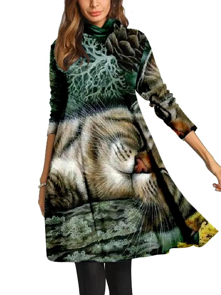 Women Long Sleeve Scoop Neck Printed Midi Dress