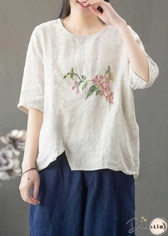 Loose Linen O Neck Print Linen T Shirt Half Sleeve