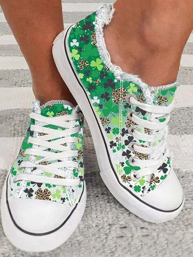 Women's Clover Print Raw Edge Canvas Shoes