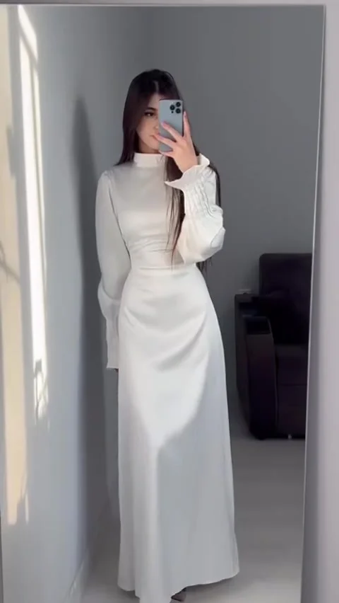 Turtle Neck Pleated Cuffs Long Sleeve Royal Satin Maxi Dress